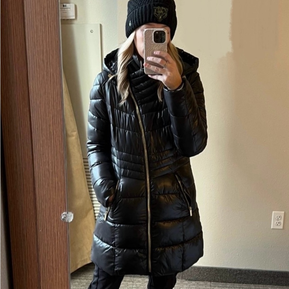 GUESS Shiny Black Puffer Coat, Long